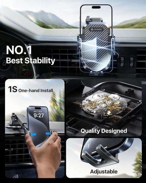andobil Phone Mount for Car, Military-Grade Holder for Dashboard, Windshield, Vent, Fits iPhone 15 and Samsung S24