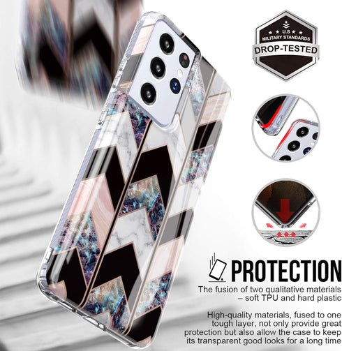 BAISRKE Galaxy S21 Ultra Case, Shiny Rose Gold Geometric Marble Hybrid Hard Plastic Back Soft Clear Glitter TPU Edge