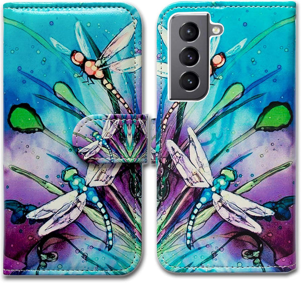 Cute Dragonfly Leather Flip Phone Case for Galaxy S21 Plus 5G - Wallet Cover with Card Slot and Kickstand