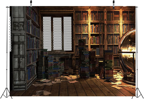 BELECO 5x3ft Fabric Magical Fantasy Library Backdrop Vintage Wooden Bookshelf Backdrop Antique Book Racks Globe Ancient