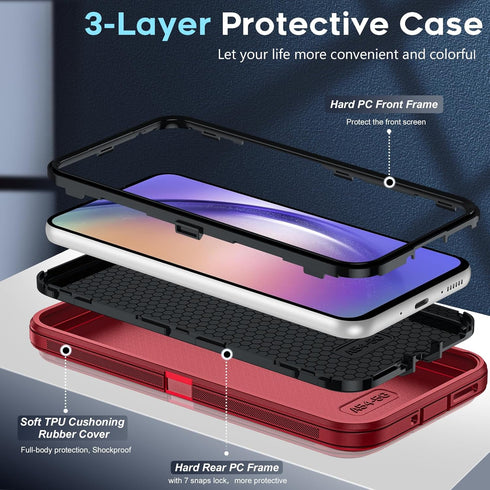 LeYi Samsung A54 5G Case with 2 PCS Screen Protector, Heavy Duty 3 in 1 Military Grade Shockproof Cover (Red+Black)