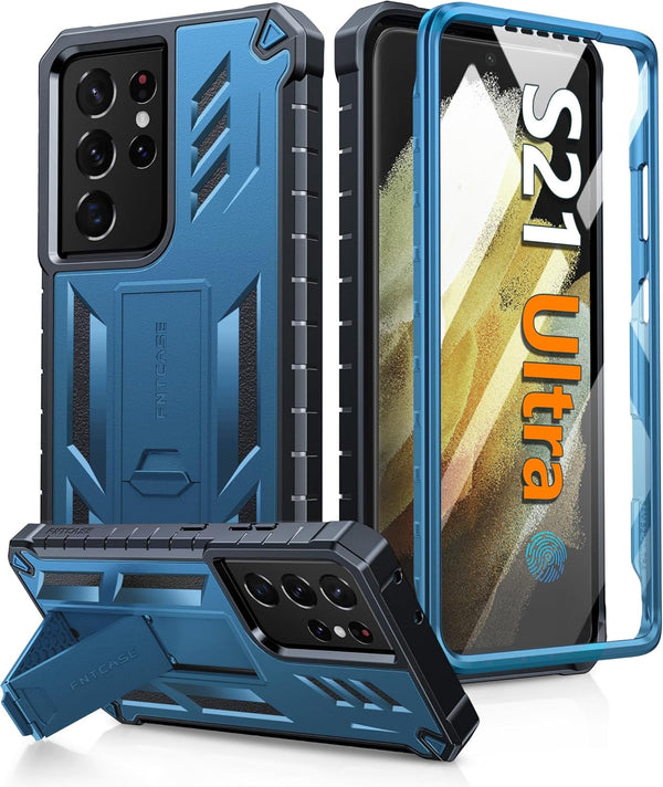 FNTCASE Samsung Galaxy S21 Ultra Case: Rugged Military Grade Shockproof TPU Cover with Kickstand, Matte Blue Design.
