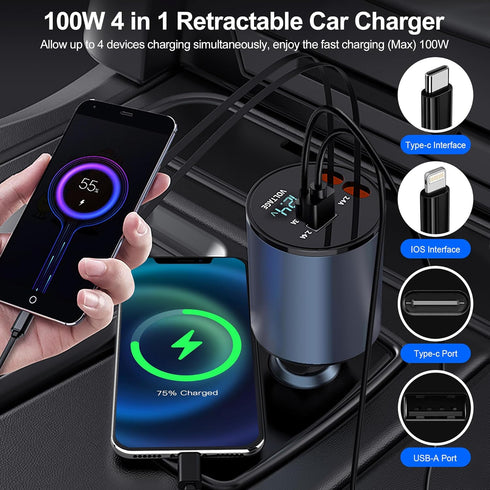 Retractable Car Charger 4 in 1 Fast Charge USB C Adapter with Retractable Cord 100W for iPhone 15 Pro Max Plus