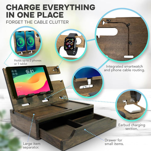Nightstand Organizer - Bedside Holder for 2 Cellphones or 1 Tablet, Smart Watches, Headphones, Ideal Gifts for Men