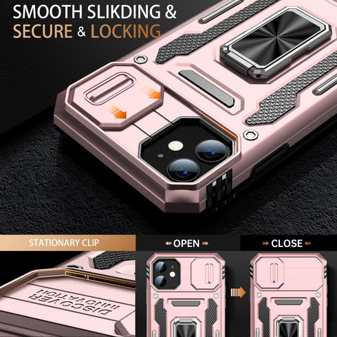 MERRO Military-Grade iPhone 11 Case with Screen Protector, Sliding Camera Cover, Magnetic Stand, 6.1" Rose Gold