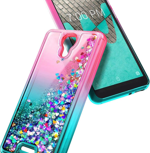 NZND Case for Cricket Icon 2 (2020) U325AC, Glitter Liquid Floating Waterfall Phone Case with Tempered Glass Protector