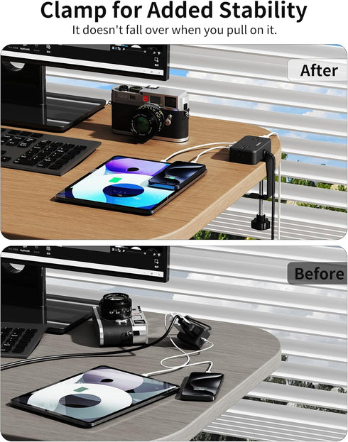 HOPOW 4 4 (2 10Ft 2.75" Desk Clamp Power Strip, Desktop Mount Charging Station with Outlets USB Ports USB C), Under