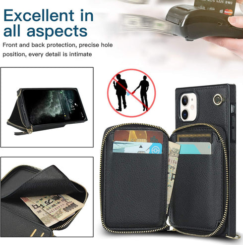 Asuwish Phone Case for iPhone 11, Wallet Cover with Screen Protector and Zipper Card Holder Slot, Leather Flip Cell