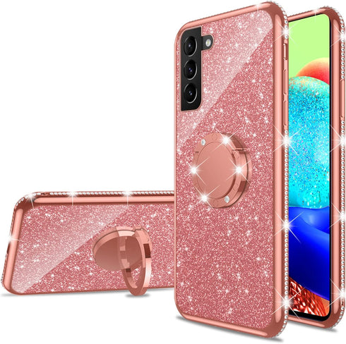 Samsung Galaxy S21 FE Case for Women, Cute Glitter Luxury TPU Silicone Slim Phone Case with Bling Diamond Ring Stand -
