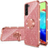 Samsung Galaxy S21 FE Case for Women, Cute Glitter Luxury TPU Silicone Slim Phone Case with Bling Diamond Ring Stand -