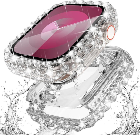 Surace 2 in 1 Waterproof Bling Case for Apple Watch Series 9/8/7 41mm, Lace Edge Diamond Protective Bumper Cover (Clear)