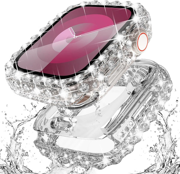 Surace 2 in 1 Waterproof Bling Case for Apple Watch Series 9/8/7 41mm, Lace Edge Diamond Protective Bumper Cover (Clear)