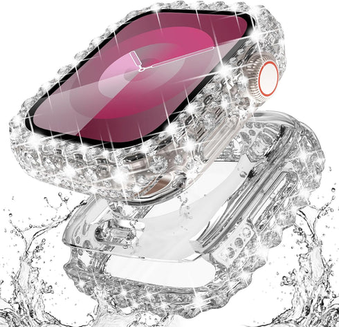 Surace 2 in 1 Waterproof Bling Case for Apple Watch Series 6 5 4 SE 44mm with Screen Protector, Lace Edge Diamond