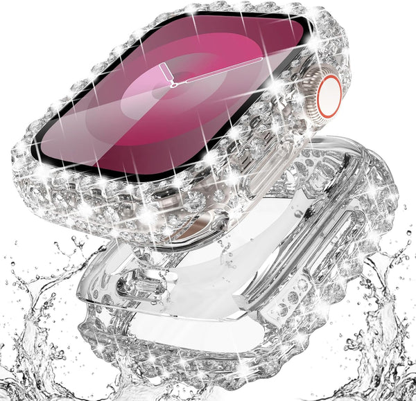 Surace 2 in 1 Waterproof Bling Case for Apple Watch Series 6 5 4 SE 44mm with Screen Protector, Lace Edge Diamond