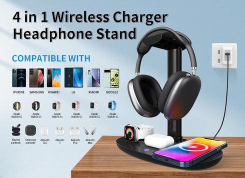 4 in 1 Headphone Stand with 15w Qi Charging Station, Detachable Design for Travel, Home, Hotel