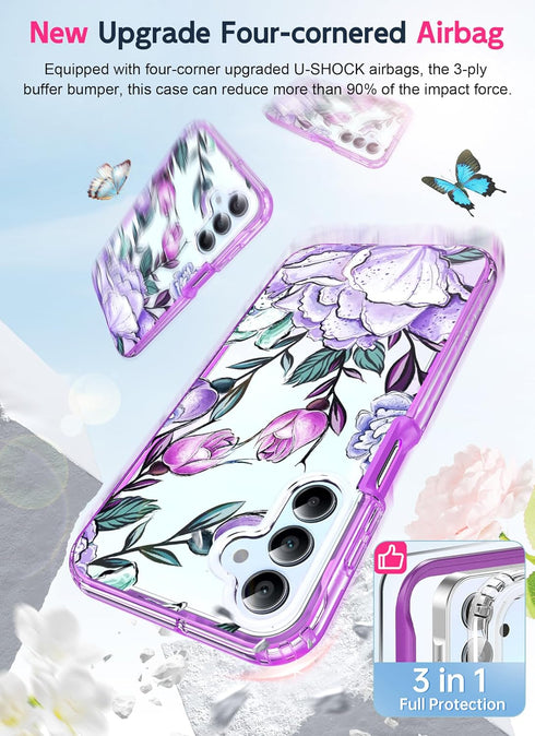 LeYi Dual Layer Cute Flower Pattern Case for Samsung Galaxy A15-5G with Glass Screen Protector, Rugged Shockproof -