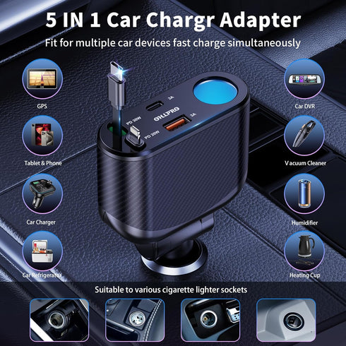 OHLPRO 5 in 1 Retractable Car Charger, 168W USB C Cigarette Lighter Adapter, Fast Charger with Dual USB Ports