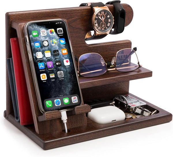 TESLYAR Wood Phone Docking Station for Men - Desktop or Nightstand Organizer -