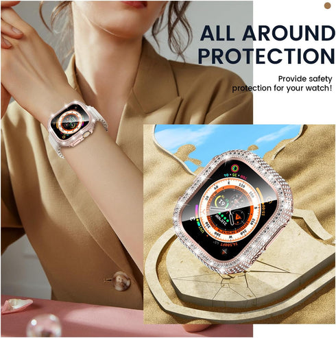 Tensea 2 in 1 Waterproof Case for Apple Watch Ultra2/Ultra 49mm, Hard PC Diamond Bumper with Tempered Glass Film, Bling