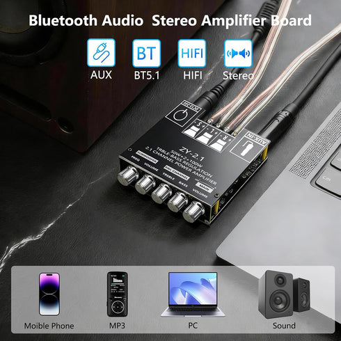 Generic 5.1 Board,200W 2.1 12-24 Bluetooth Audio Stereo Amplifier HiFi Channel Mini Subwoofer Power Amp Module