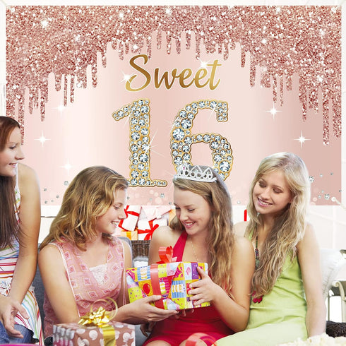 Sweet 16th Birthday Banner Backdrop Decorations for Girls, Rose Gold 16 Birthday Party Sign Supplies, Pink Poster Decor