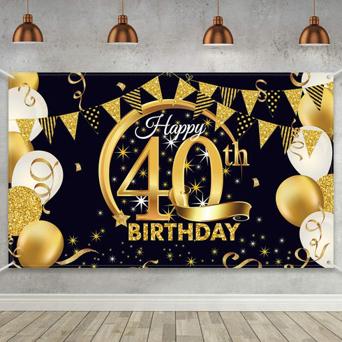 Blulu 40th Birthday Party Decoration, Extra Large Black Gold Fabric Sign Poster for Photo Booth Background