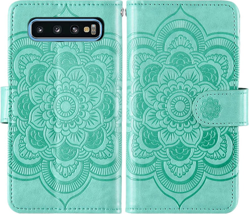 Asuwish Green Wallet Case for Samsung Galaxy S10, with Tempered Glass Screen Protector, Flower Flip Card Holder Cell