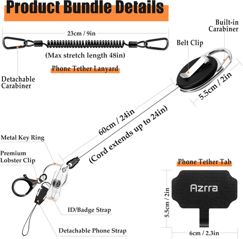 Azrra Drop Protection Phone Tether: 31” Retractable Phone Clip, Universal Retractable Phone Lanyard & Phone Tether Tabs