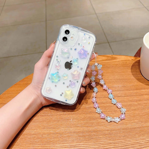 Clear Cute 3D Case for iPhone 11, Colorful Sparkling Stars with Bracelet Chain Design for Girls, Kawaii