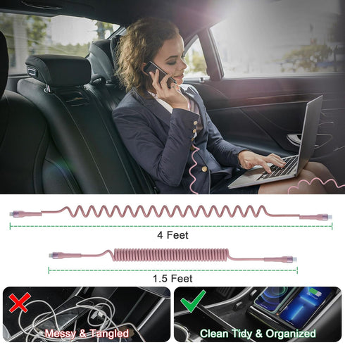 Coiled USB C to Lightning Cable 3Ft, Short iPhone Charger for Car Apple CarPlay, Pink with Data Sync & LED