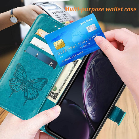 Phone Case for iPhone XR Wallet, Butterfly Floral Embossed PU Leather Flip Cover with Card Holder and Wrist Strap