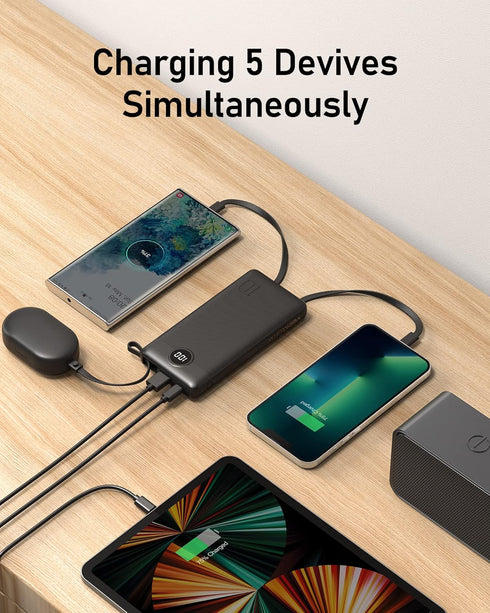 VEEKTOMX 10000mAh Portable Charger with Built-in Cables, Slim Fast Charge USB C Battery Pack for iPhone 15/14/13,