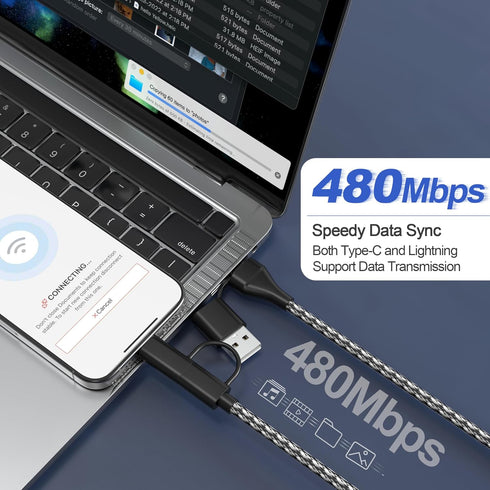 60W 4-in-1 USB C Cable Lightning Cable, 20FT/6M Fast Charging & Data Sync Long Nylon Braided Multi Charger Cord