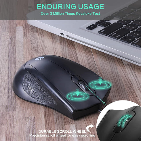 VCOM 6-Foot 1200 Wired USB Mouse with Cord, DPI, Right or Left Hand Use, Ergonomic Design, Black