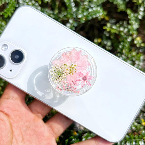 Pressed Pink Flowers Phone Grip, Handmade Dried Flowers Clear Stand, Expanding Cell Phone Charms Accessory