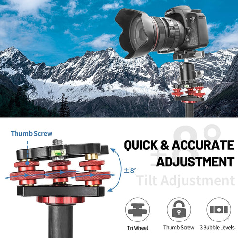 Tripod Head Leveling Base Camera Leveler, Aluminum Alloy 3 Axis Tri Wheel Head with +/-5 Degree Adjustment