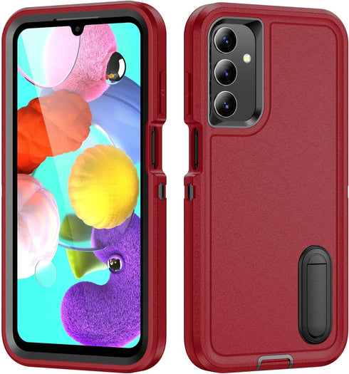 Galaxy A15 5G Case with Kickstand, 3-Layer Military Grade Protective Cover, Shockproof Silicone - Red/Black