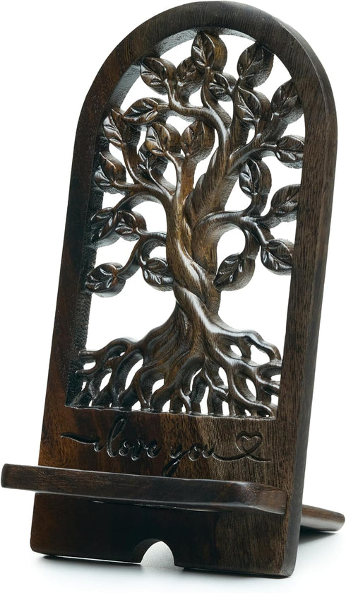 Handicraftviet - Handcrafted Wooden Tree of Life Phone Stand, Engraved I Love You
