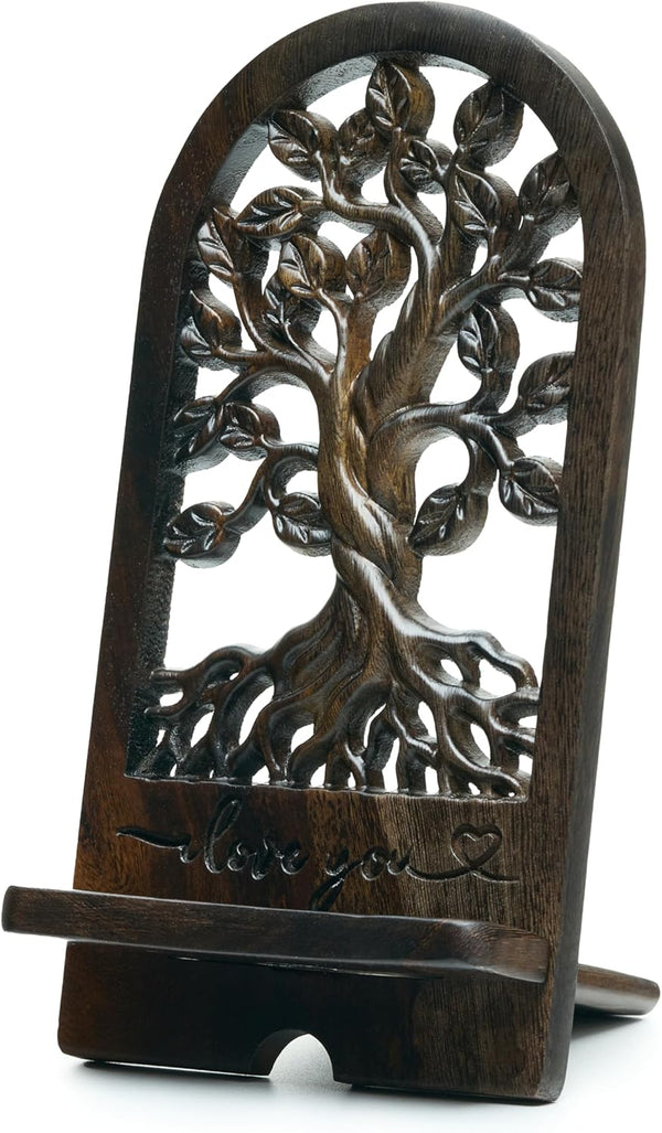 Handicraftviet - Handcrafted Wooden Tree of Life Phone Stand, Engraved I Love You