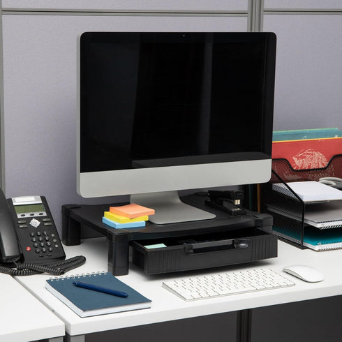 Mind Reader Black Monitor Stand with Storage Drawer, Desktop Organizer, Laptop Riser for Office, 17.25"L x 13.25"W x 4"H