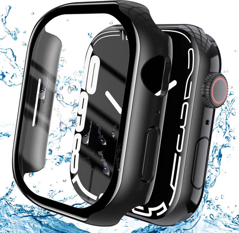 YMHML Waterproof Case for Apple Watch Series 8/7 45mm, Tempered Glass Screen Protector, Full Coverage Protective Cover