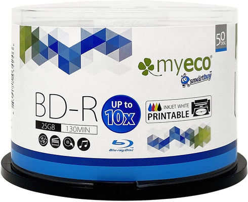 Smartbuy 50 Pack Myeco Bd-r BDR Blu-ray 25gb Upto 10x White Inkjet Hub