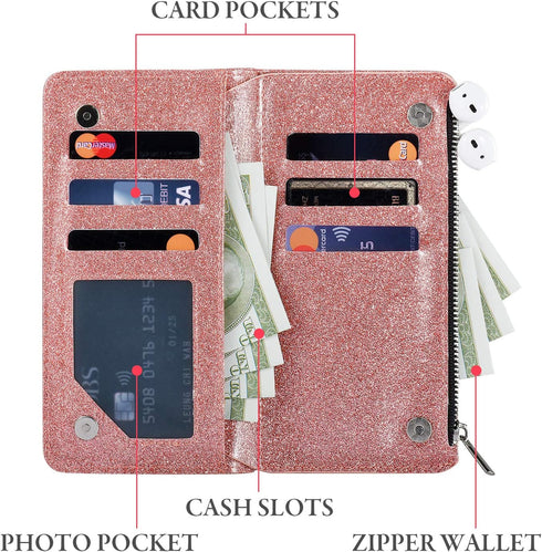 UEEBAI Wallet Case for iPhone 11 - PU Leather Magnetic Closure Handbag with Zipper Pocket, Glitter Pink