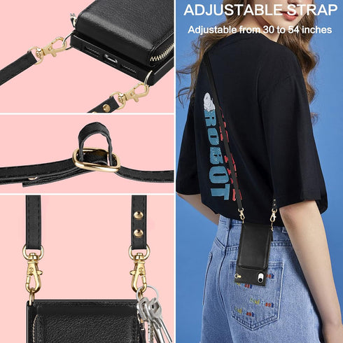 iPhone XR Zipper Leather Wallet Case (6.1-Inch) - 3-in-1 Crossbody Bag with Card Holder & Adjustable Anti-Theft Strap