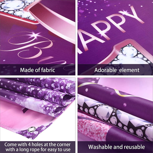 Happy Birthday Party Decorations, Large 72.8 x 43.3 Inch Fabric Backdrop for Girls Birthday Party, Pink Purple