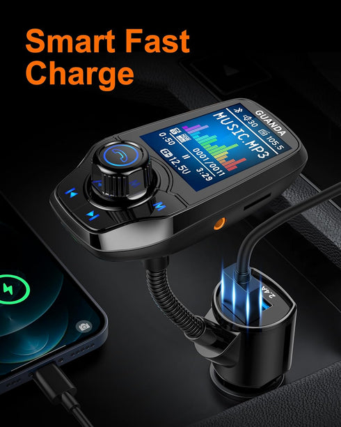 Upgraded Bluetooth FM Transmitter for Car, Wireless Radio Adapter Kit with 1.8" Color Display, Fast Charge 18W - Black