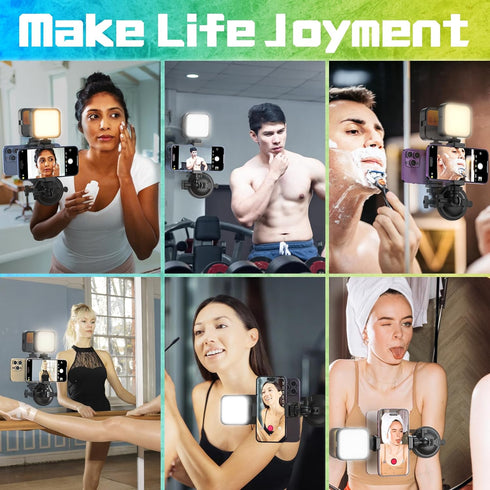 Suction Cup Phone Mount with Rechargeable Light, Mirror Holder for TikTok YouTube Instagram Makeup Content