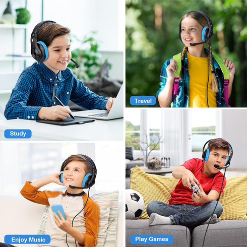 ShinePick Kids Over-Ear Gaming Headphones with Microphone and Volume Control for Kids Teens Online School (Blue)