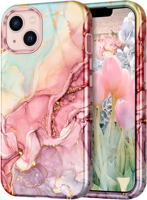 CASEFIV iPhone 13 Case, Rose Gold Marble Pattern, 3-in-1 Heavy Duty Shockproof Full Body Rugged Cover for 6.1" 2021.