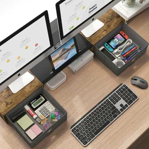 WESTREE Dual Monitor Stand Riser with Two Drawers, Extra Large Storage for 2 Monitors, Desktop Organizer